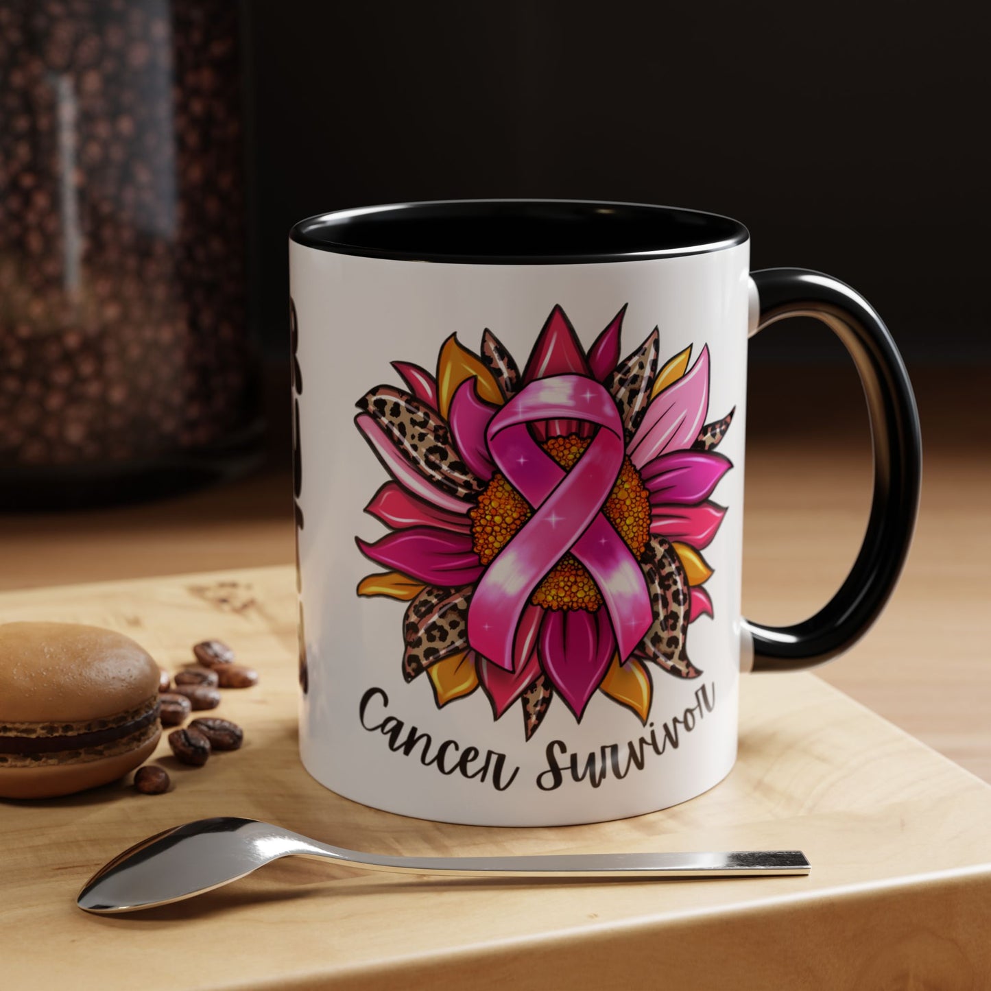 Sunflower Cancer Survivor Coffee Mug with Pink Ribbon (11, 15oz)