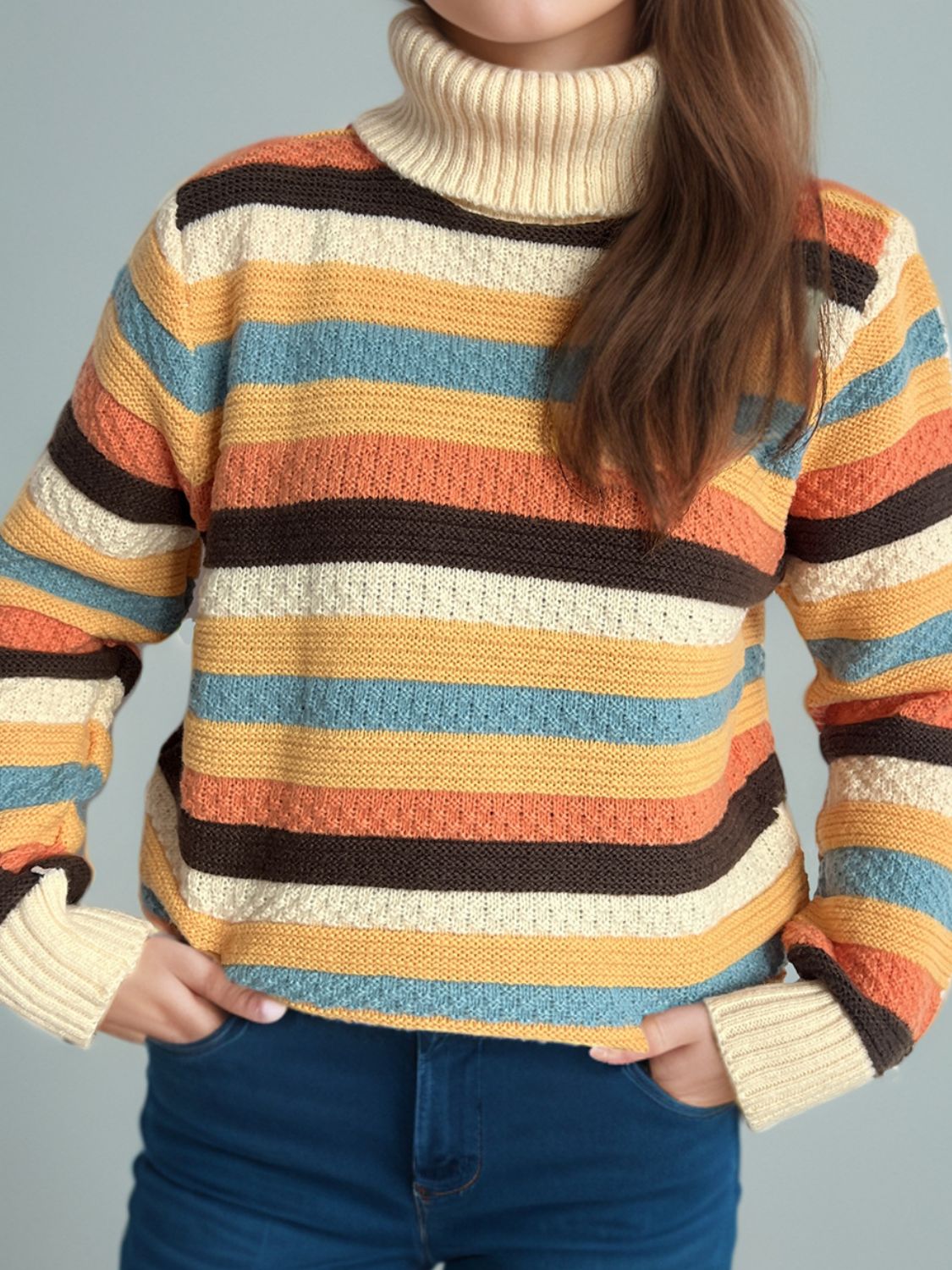 Cute Striped Turtleneck Long Sleeve Sweater