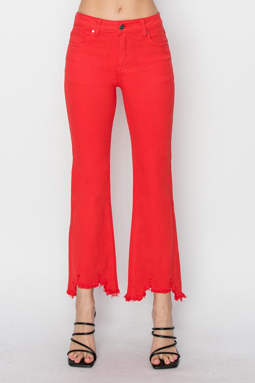 RISEN Red:  Bootcut Jeans with Pockets and Raw Hem