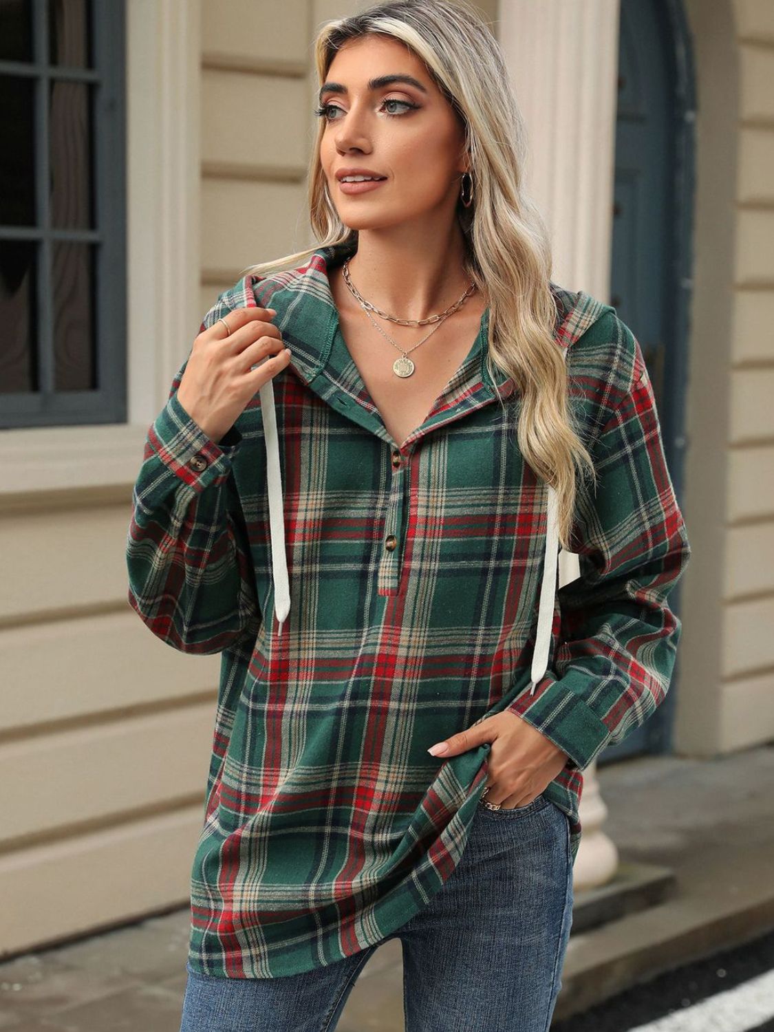 Hooded Plaid Top With Drawstring