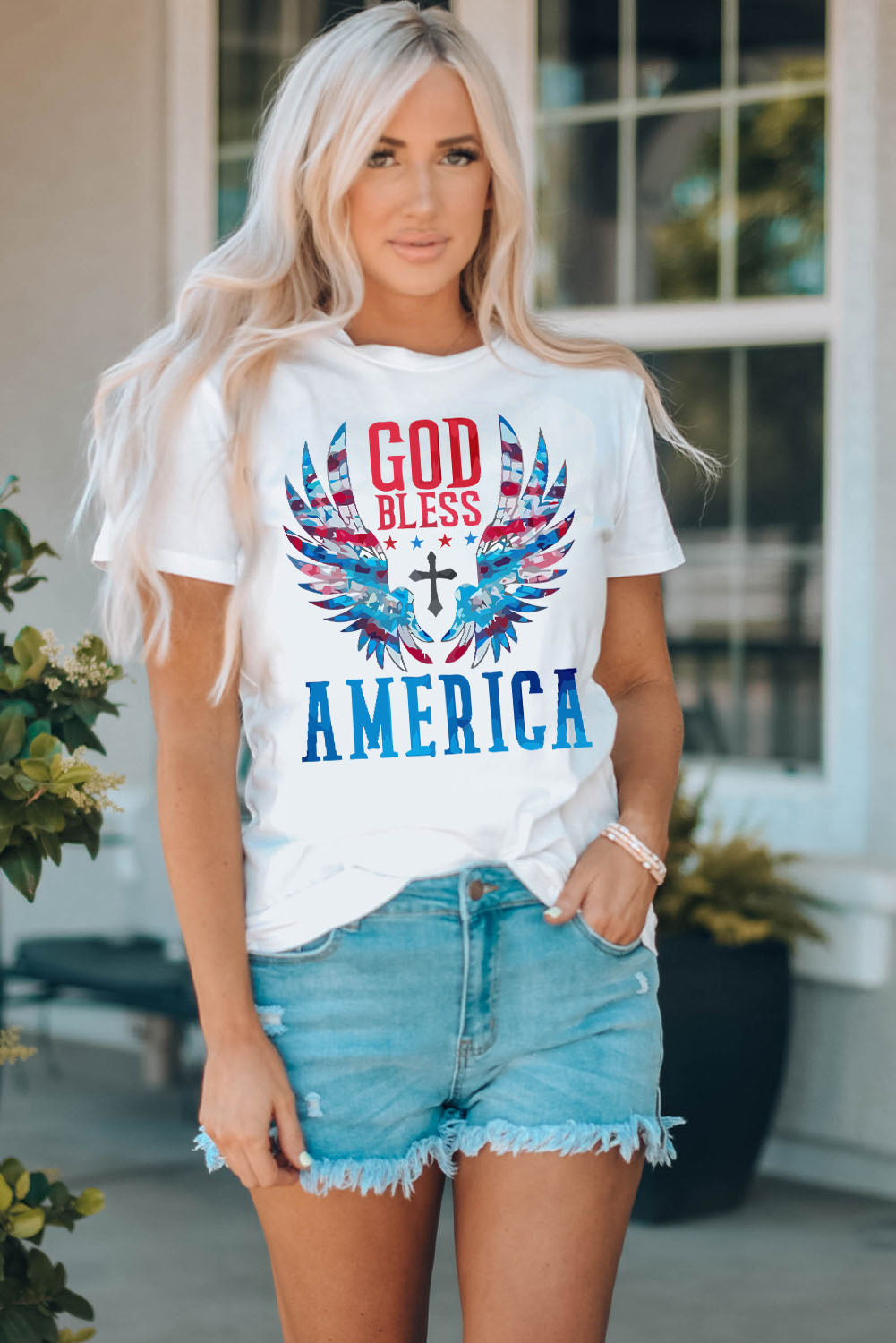 GOD BLESS AMERICA:  White Cuffed Tee Shirt With Patriotic Design