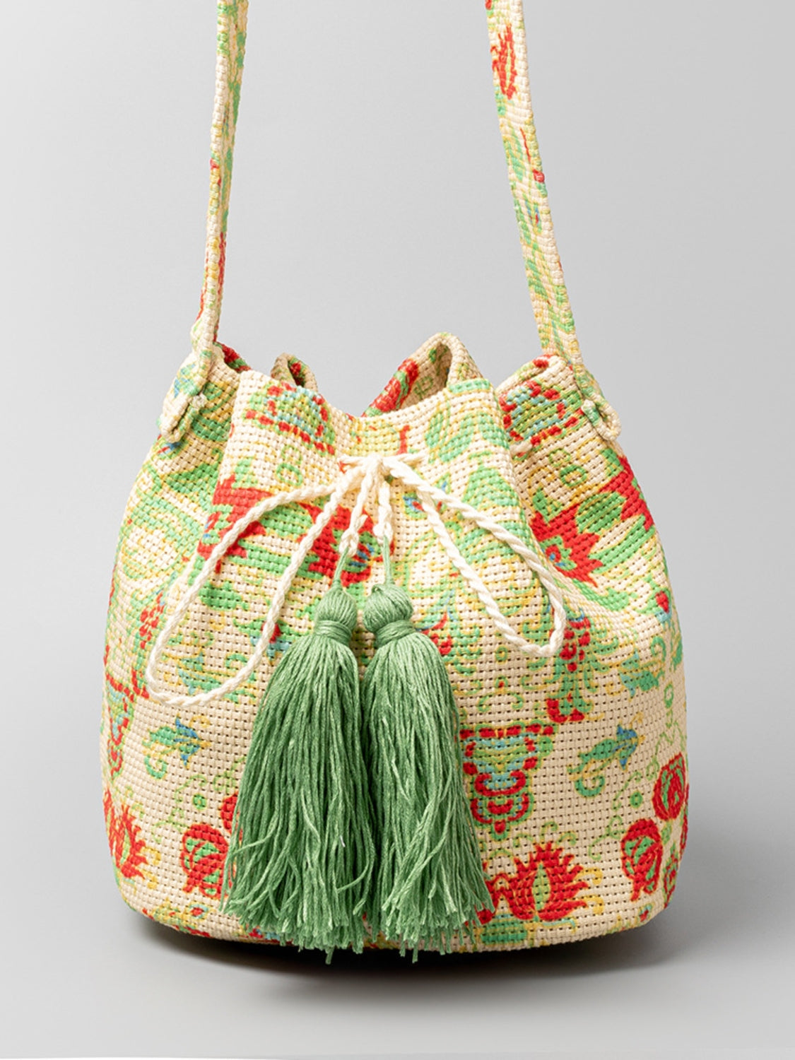 Geometric Shoulder Bag:  Drawstring Bag With Tassel