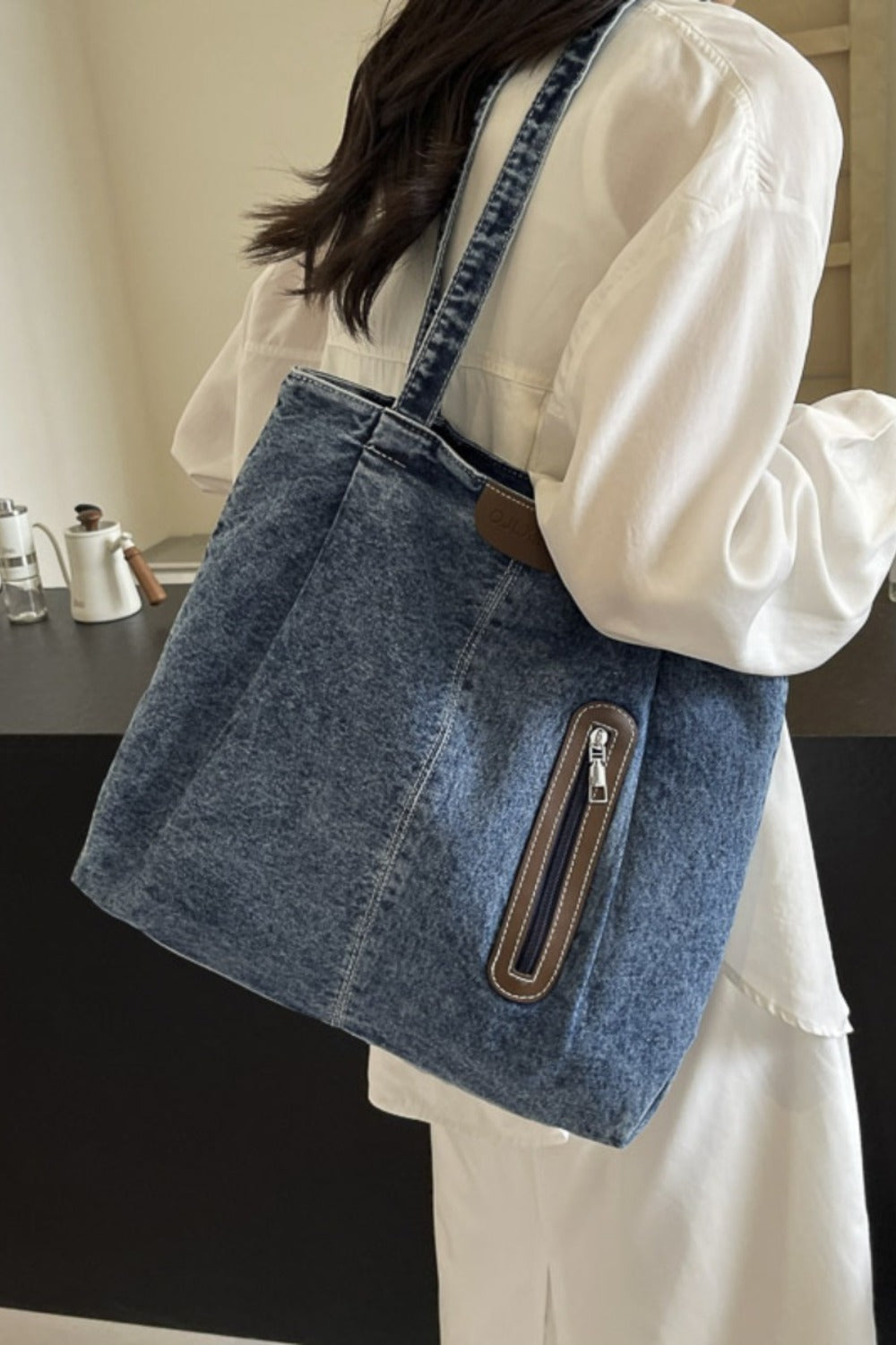 Shoulder Bag:  Denim Tote Bag with Zip