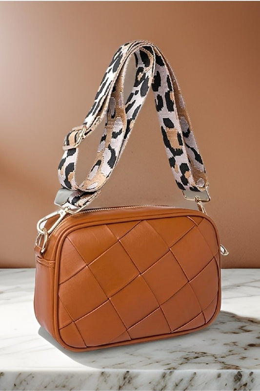 Woven Crossbody Bag with Leopard Print Shoulder Strap