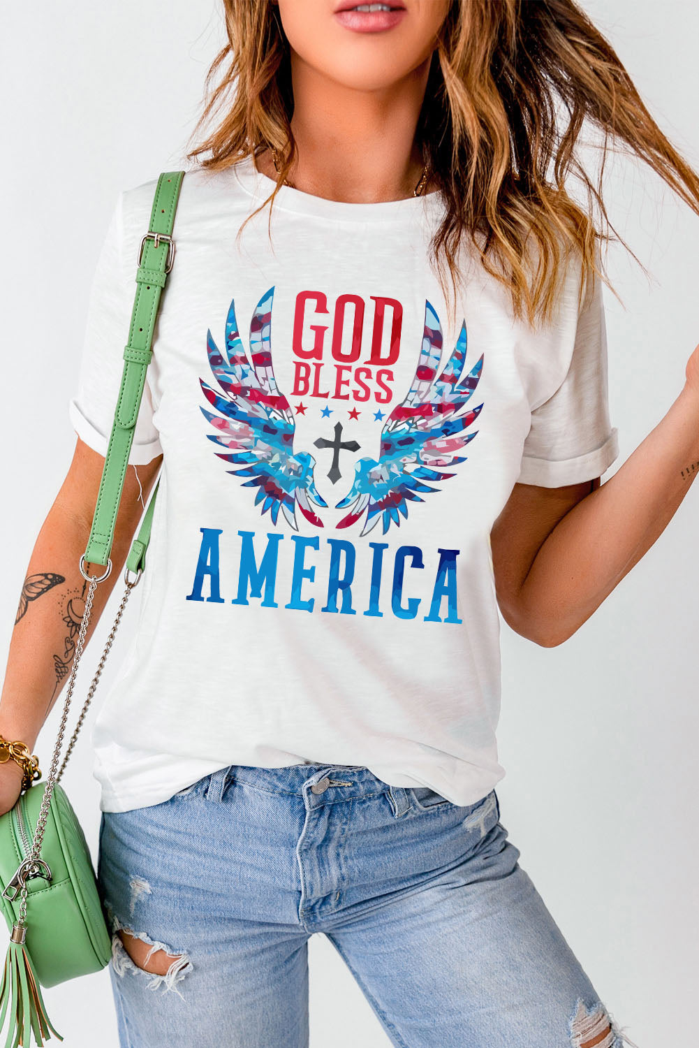 GOD BLESS AMERICA:  White Cuffed Tee Shirt With Patriotic Design