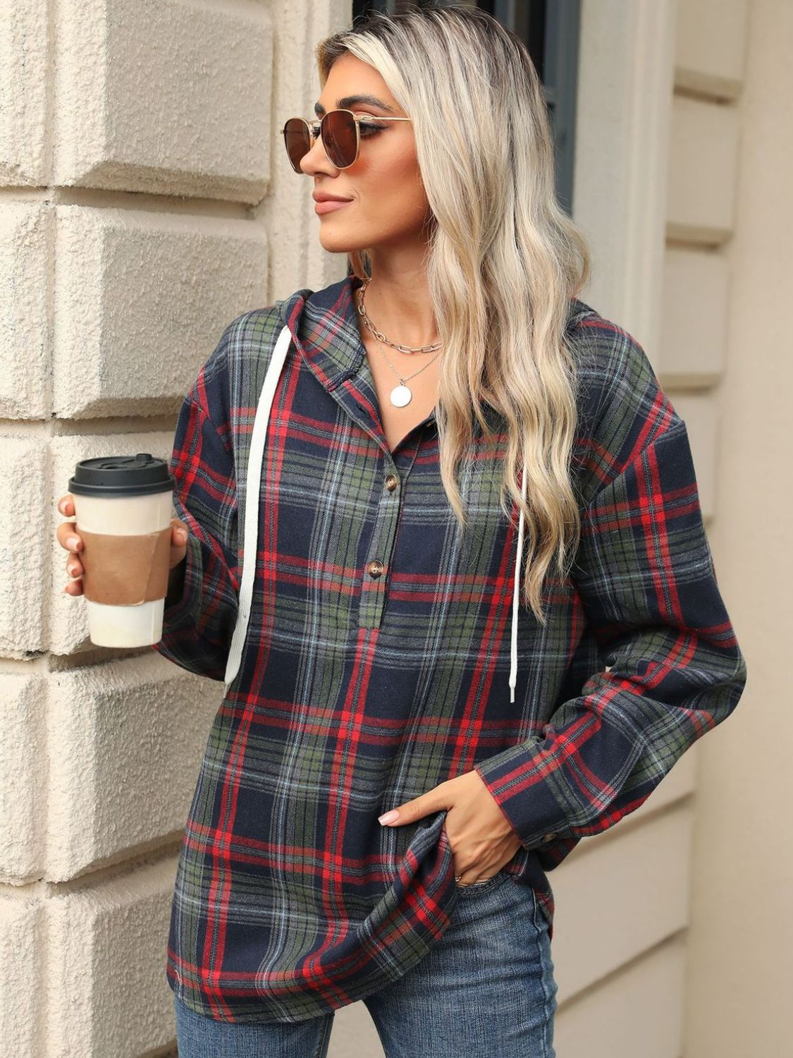 Hooded Plaid Top With Drawstring