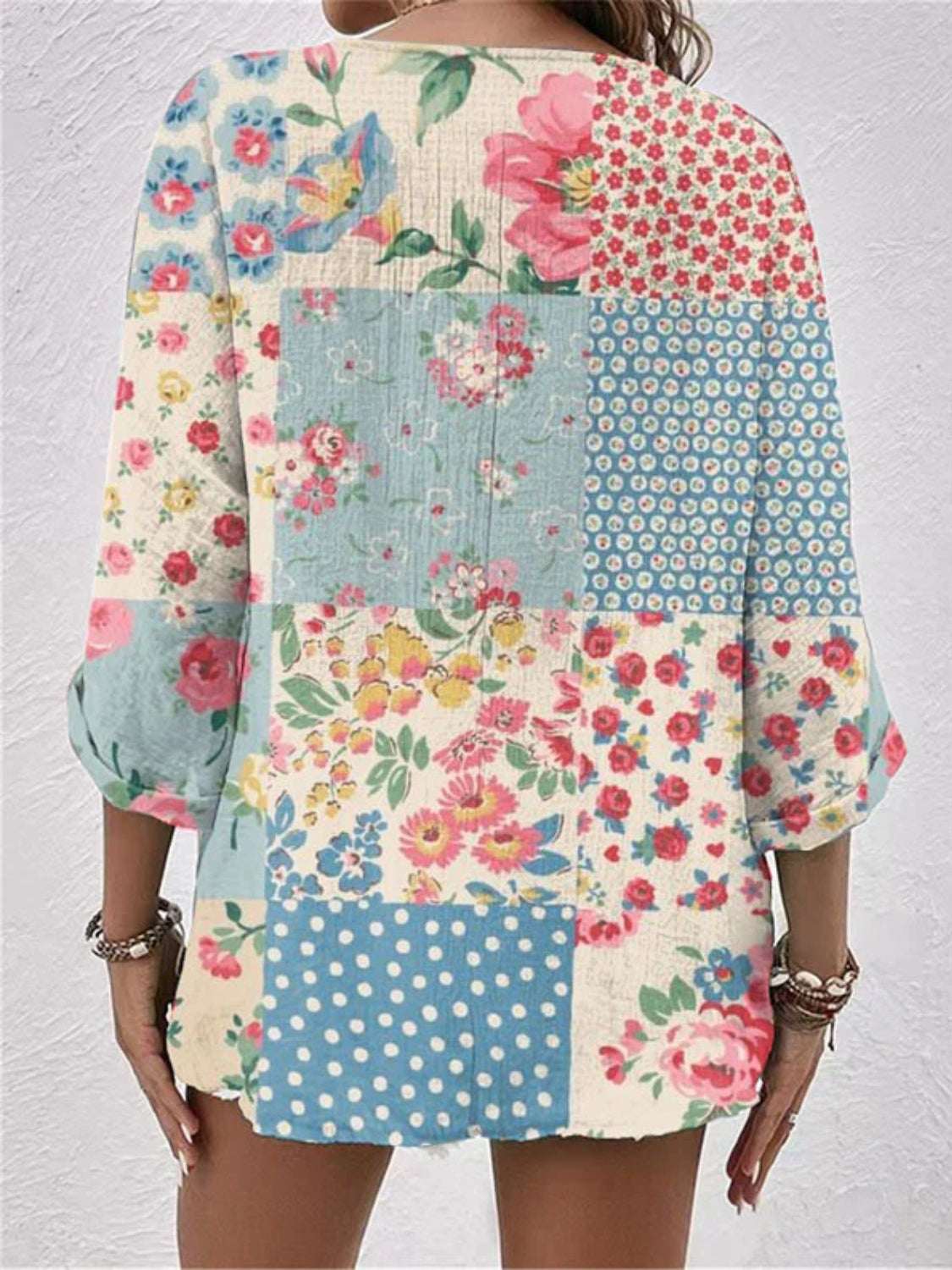 Beautiful Floral Color Block V-Neck Blouse