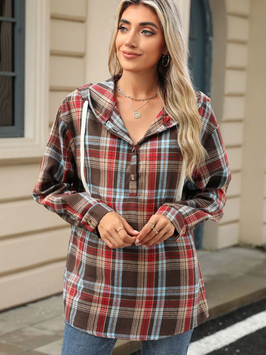 Hooded Plaid Top With Drawstring