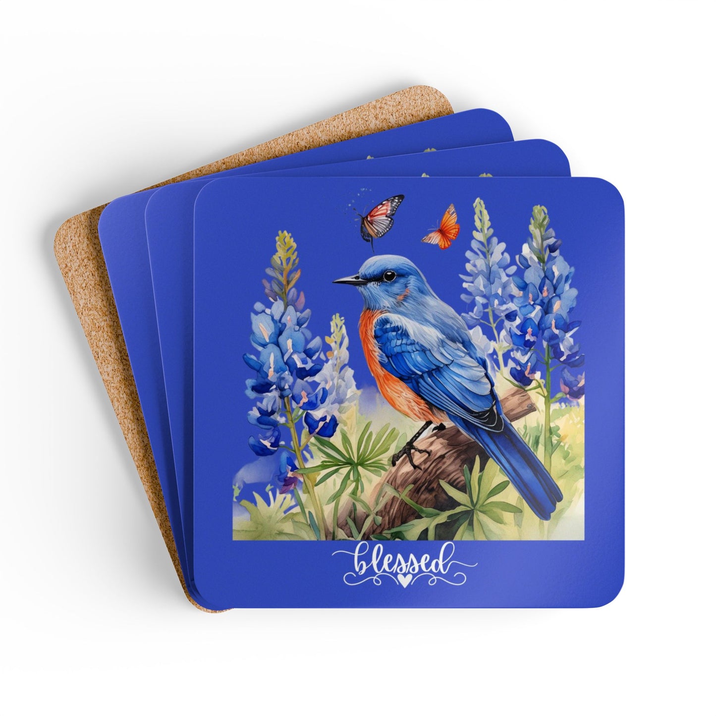 Colorful Bluebird and Texas Bluebonnets Corkwood Coaster Set of 4