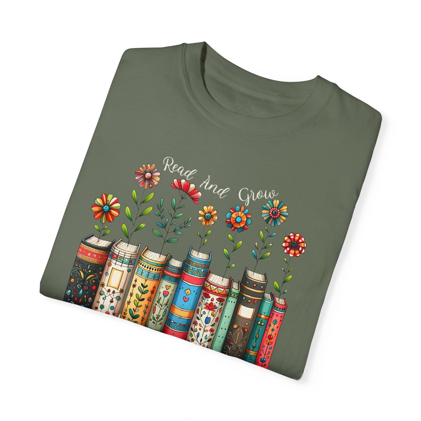 Read and Grow School Librarian T-Shirt With Books and Wildflowers