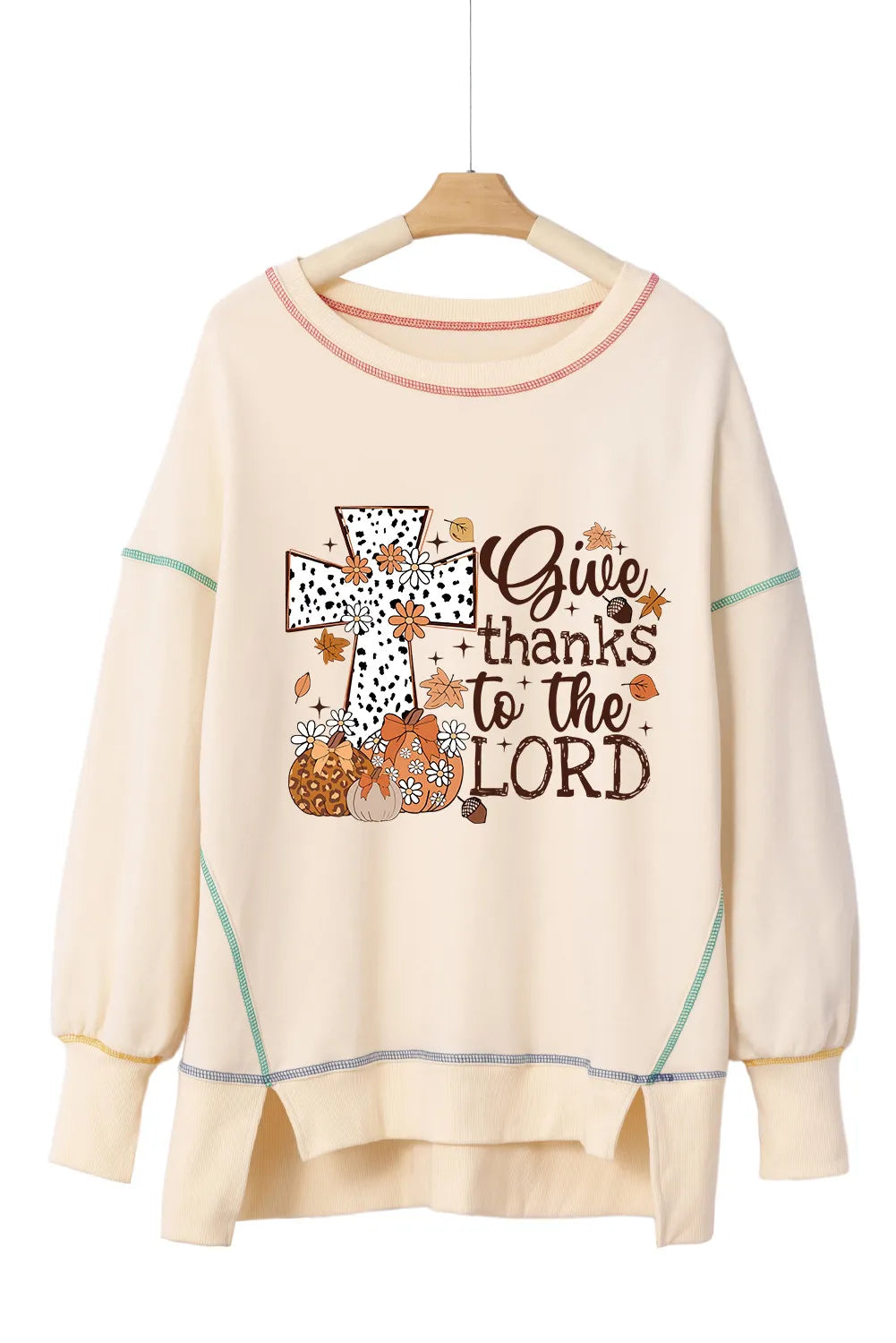 Give Thanks To The Lord Contrast Stitching Sweatshirt With Cross and Pumpkins for Fall