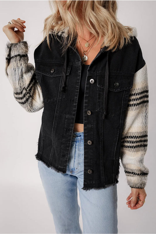 Denim Jacket with Hood and Plaid Sleeves - Raw Hem Bottom