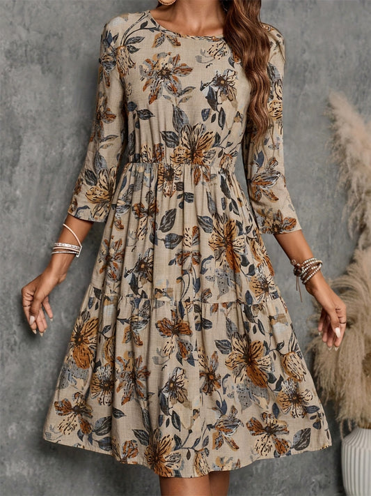 Floral Printed Dress With Three-Quarter Sleeves