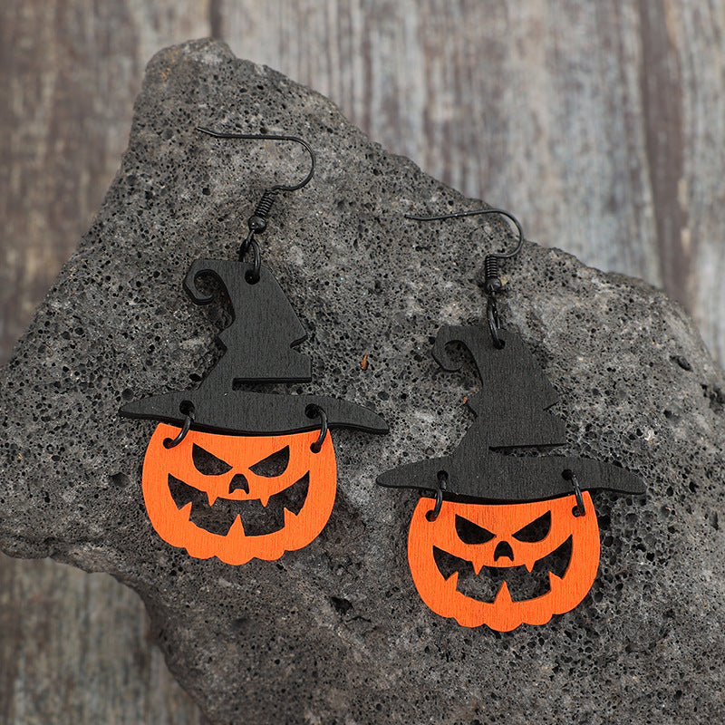 Wooden Pumpkin Earrings With Hat