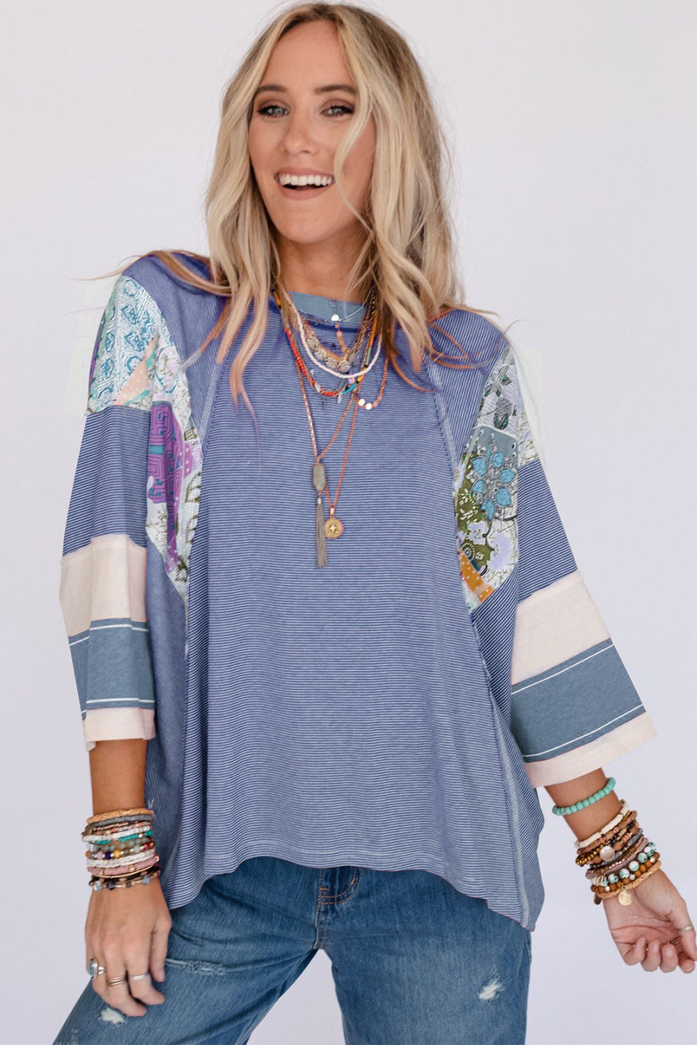 Striped and Floral Patchwork Long Sleeve Top