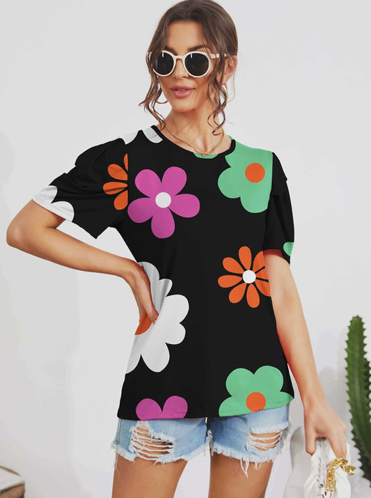 Fun Flowers: Short Sleeve Black Blouse