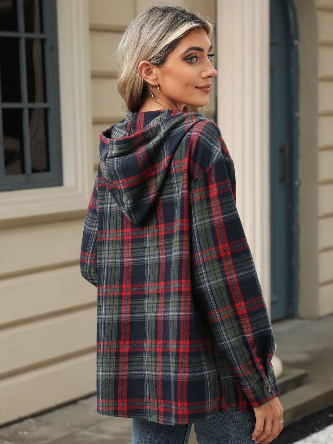 Hooded Plaid Top With Drawstring