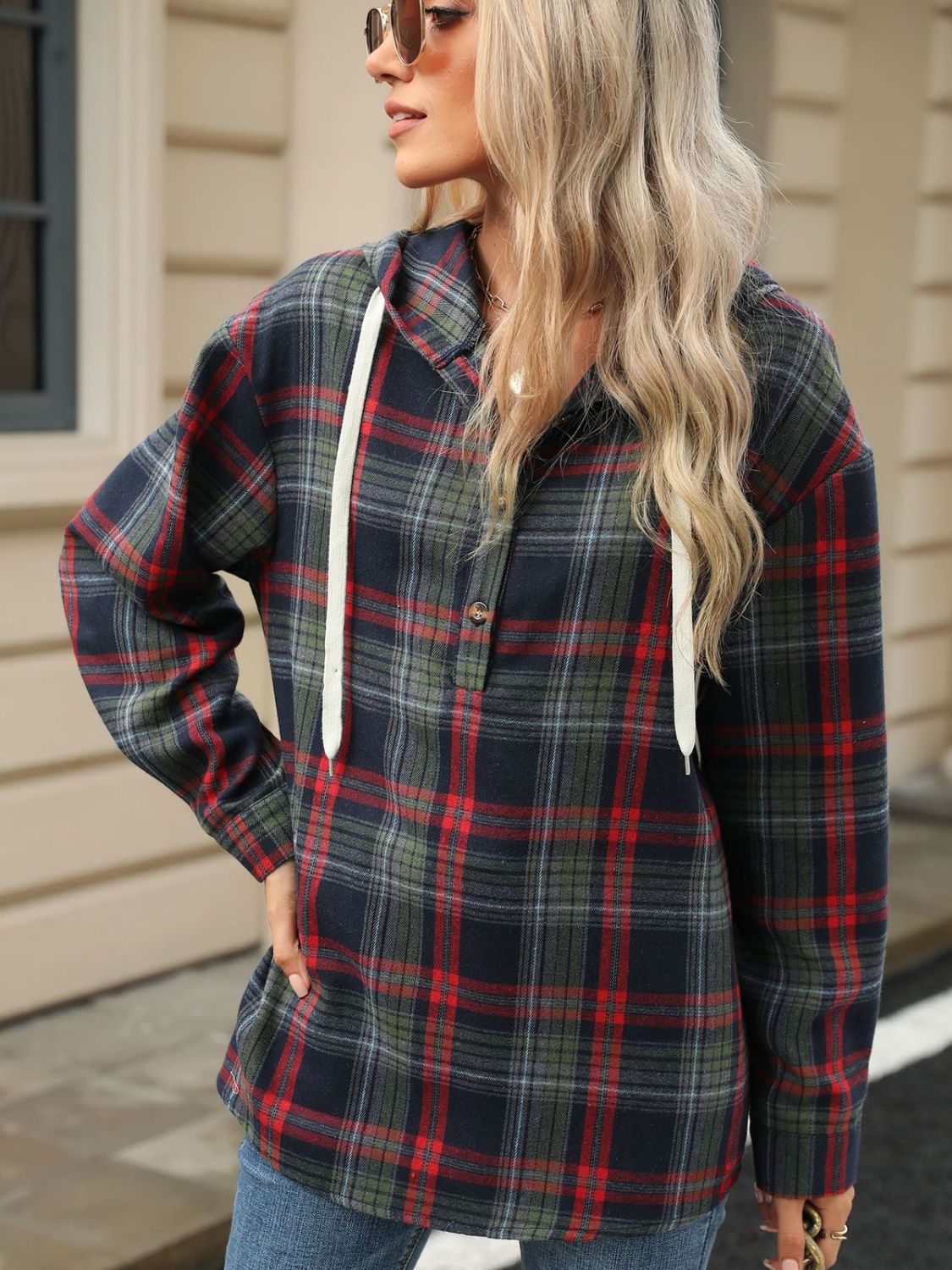 Hooded Plaid Top With Drawstring