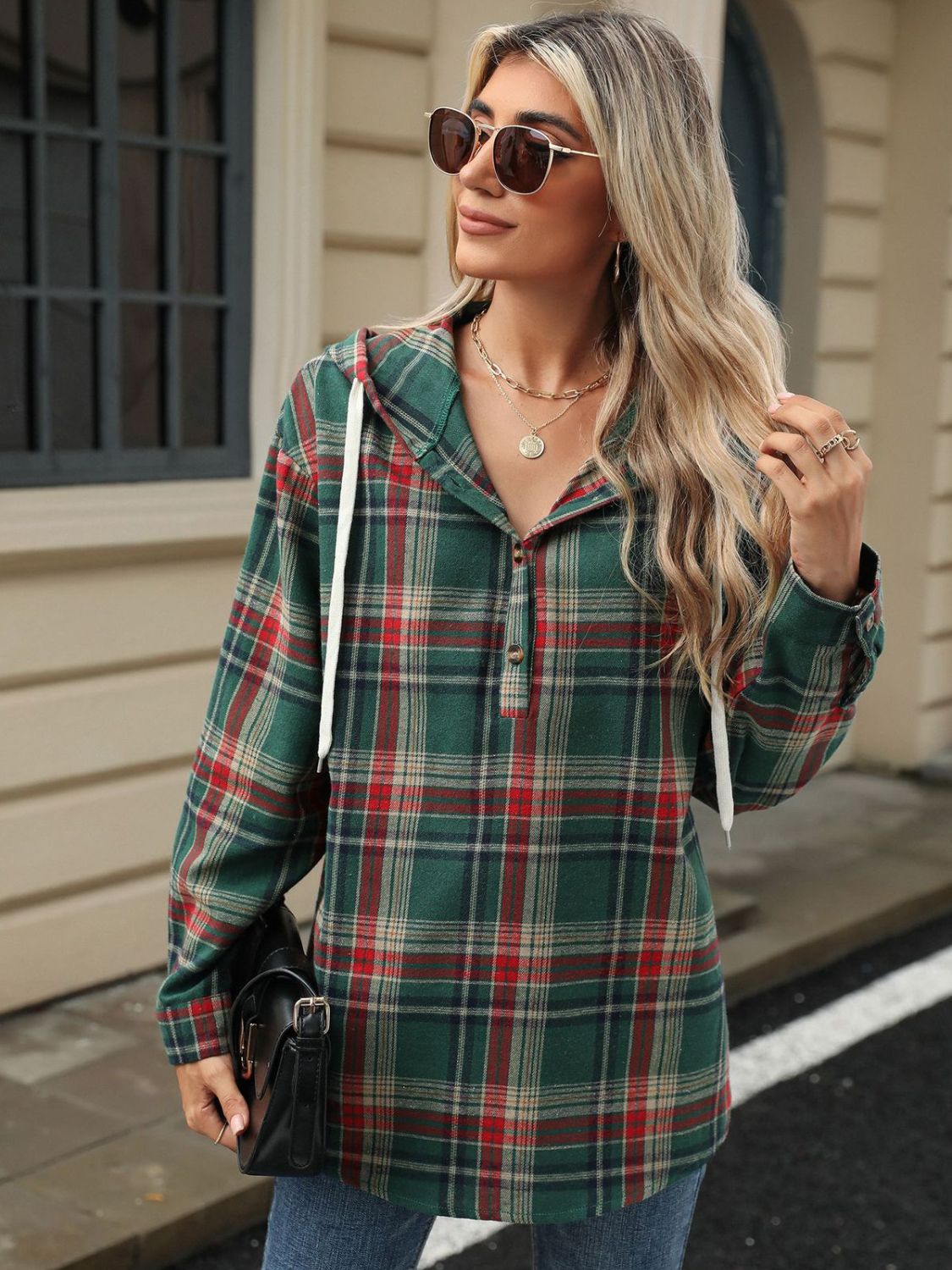 Hooded Plaid Top With Drawstring