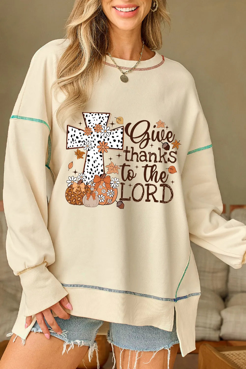 Give Thanks To The Lord Contrast Stitching Sweatshirt With Cross and Pumpkins for Fall