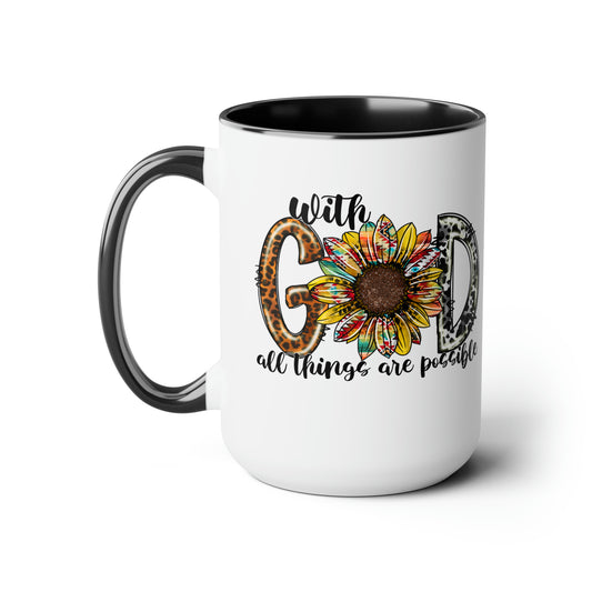 With God All Things Are Possible Two-Tone Coffee Mugs 15oz, Inspirational Mug, Coffee Mug, Gifts, Religious Mug, Sunflower Mug, Teacher Gift