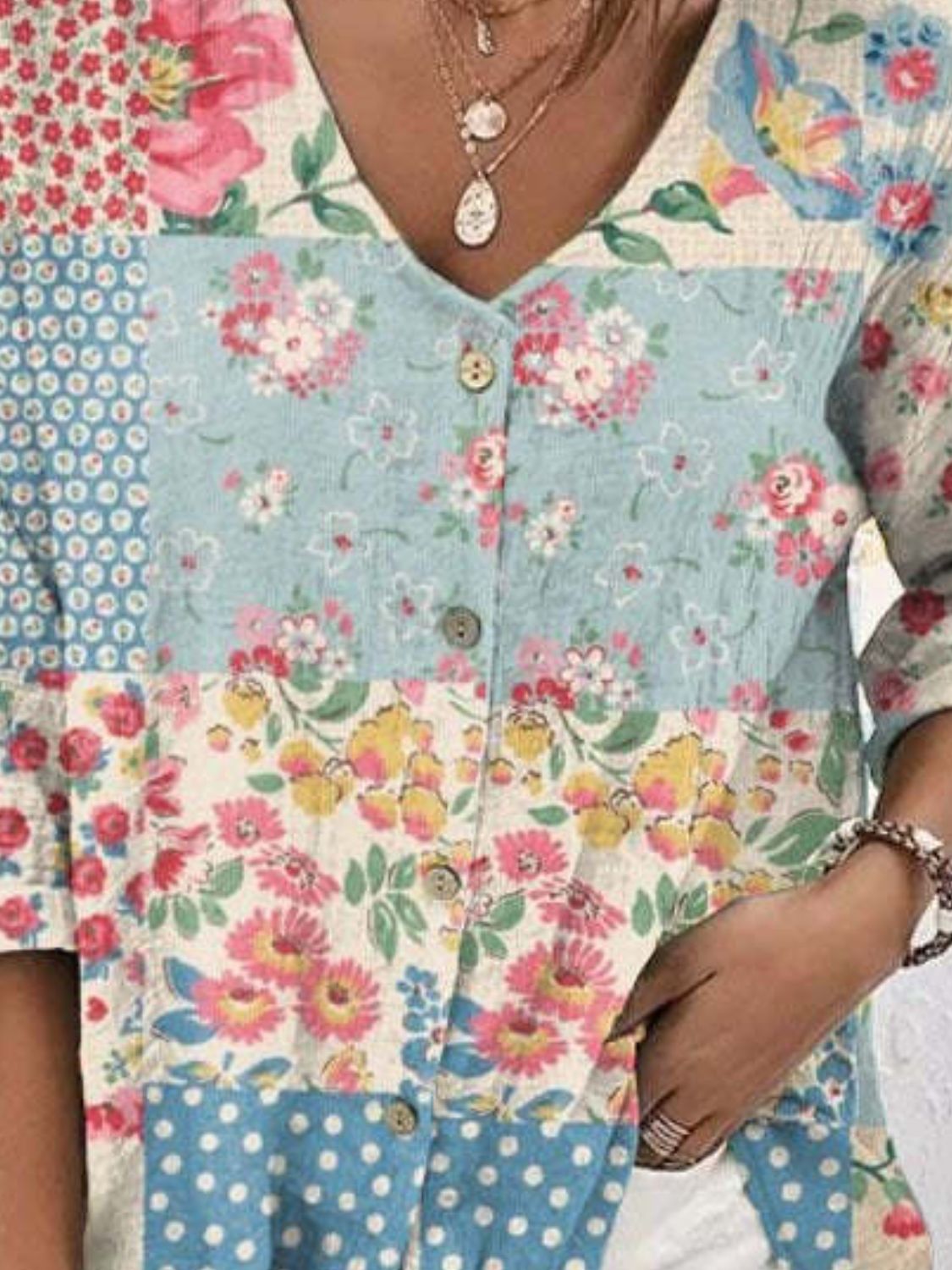 Beautiful Floral Color Block V-Neck Blouse