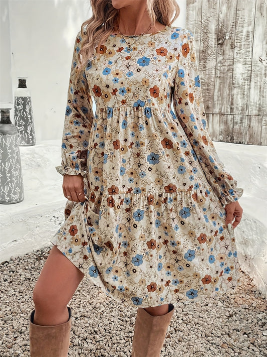 Ruffled Floral Printed Long Sleeve Dress