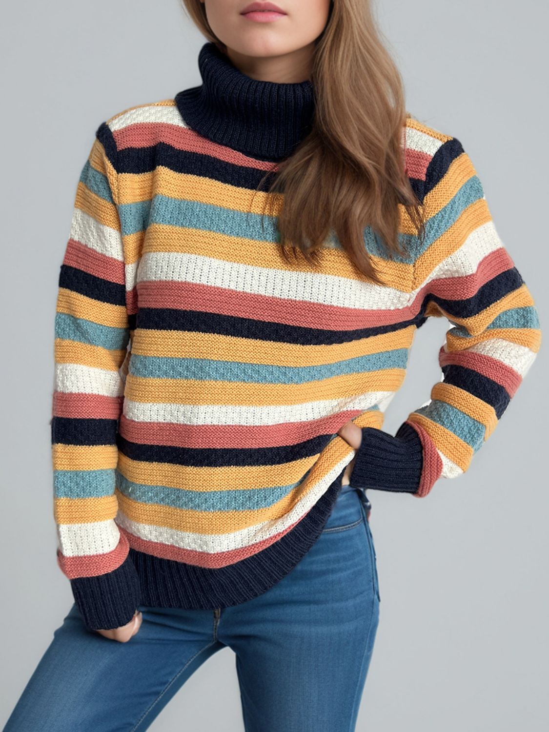 Cute Striped Turtleneck Long Sleeve Sweater