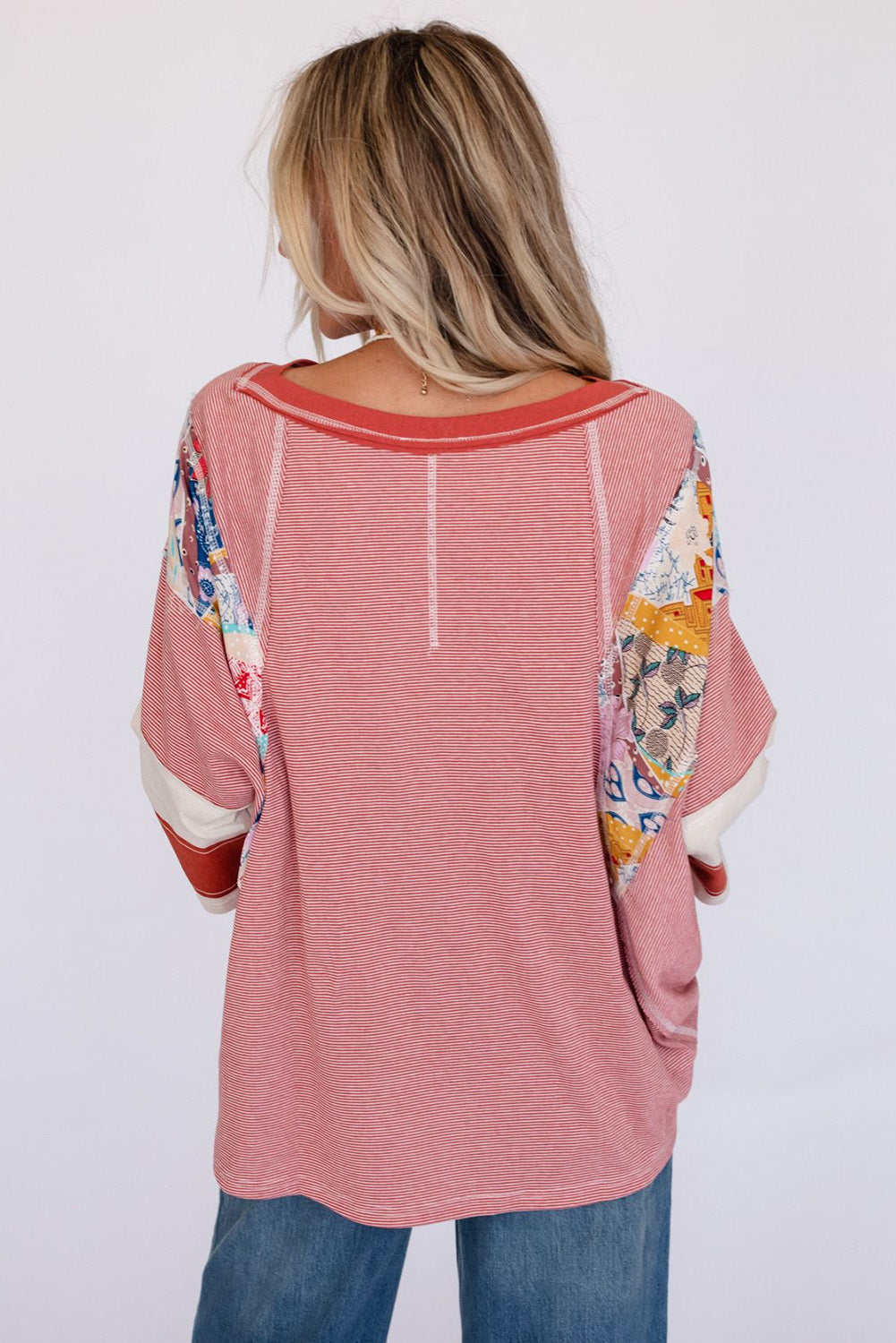 Striped and Floral Patchwork Long Sleeve Top