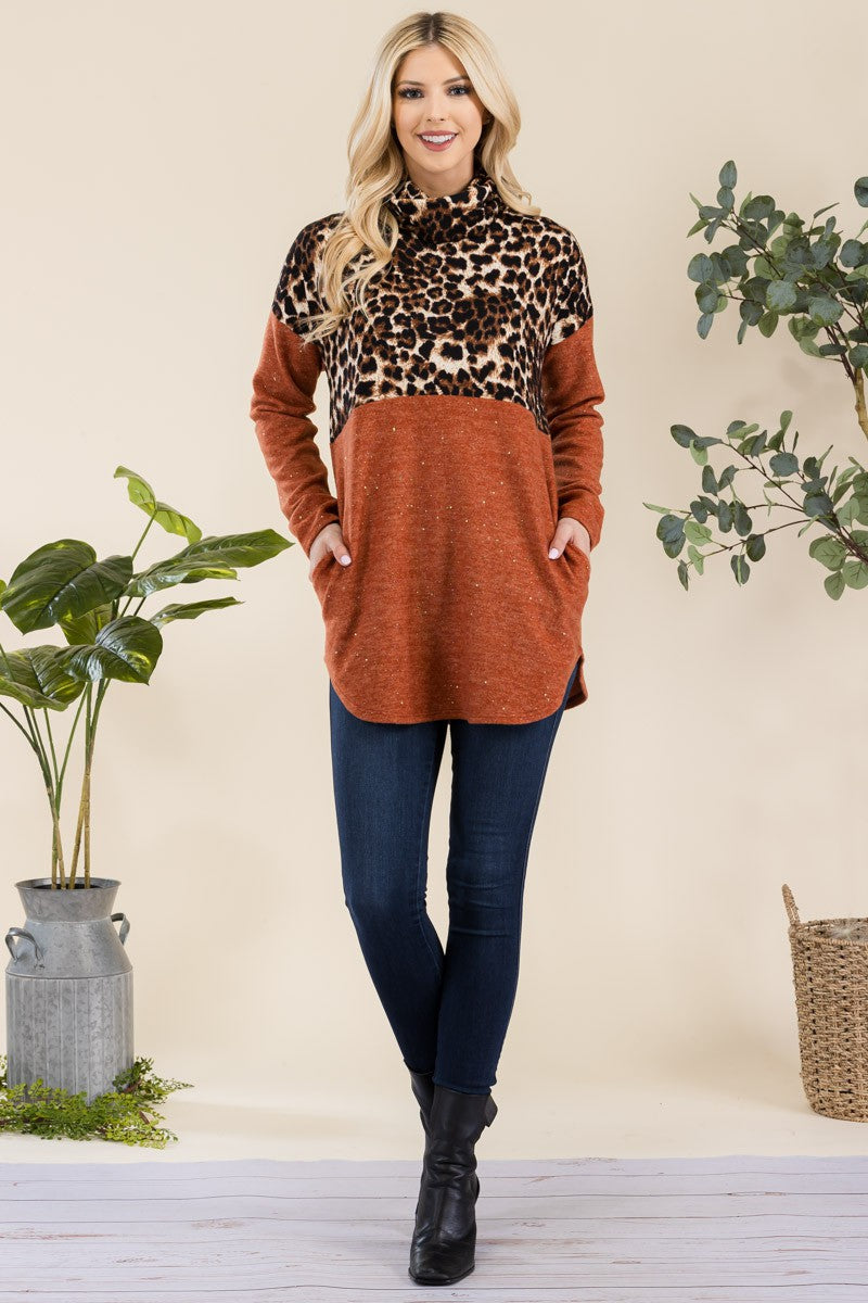 Leopard Turtleneck Long Sleeve Blouse with Curved Hem