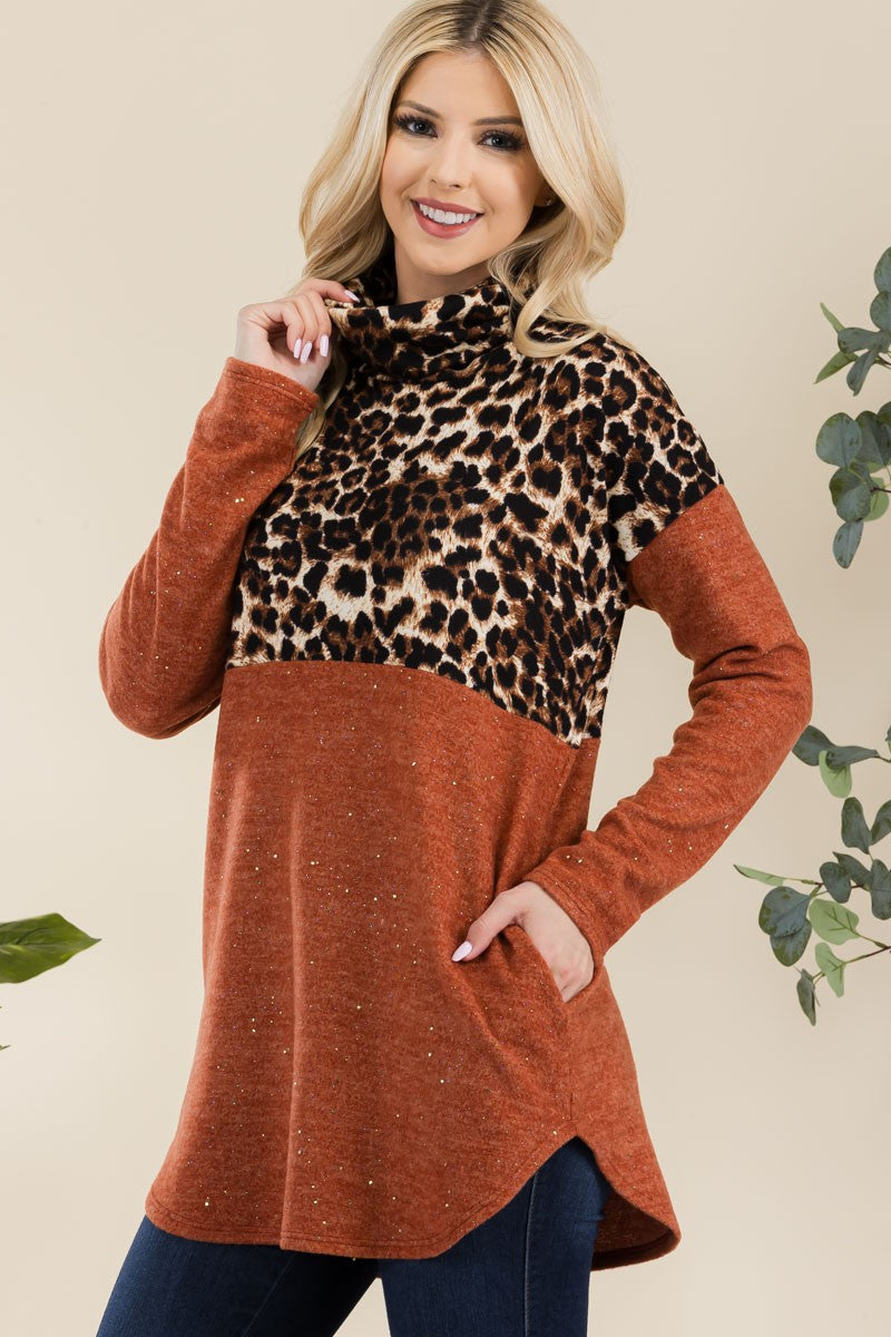 Leopard Turtleneck Long Sleeve Blouse with Curved Hem