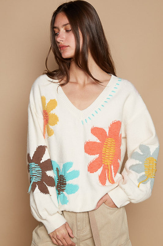 Whimsically Fun Long Sleeve Flower Fringe Sweater