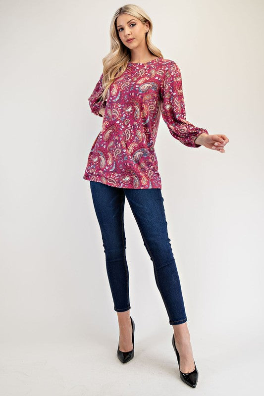 Paisley Round Neck Balloon Sleeve Top