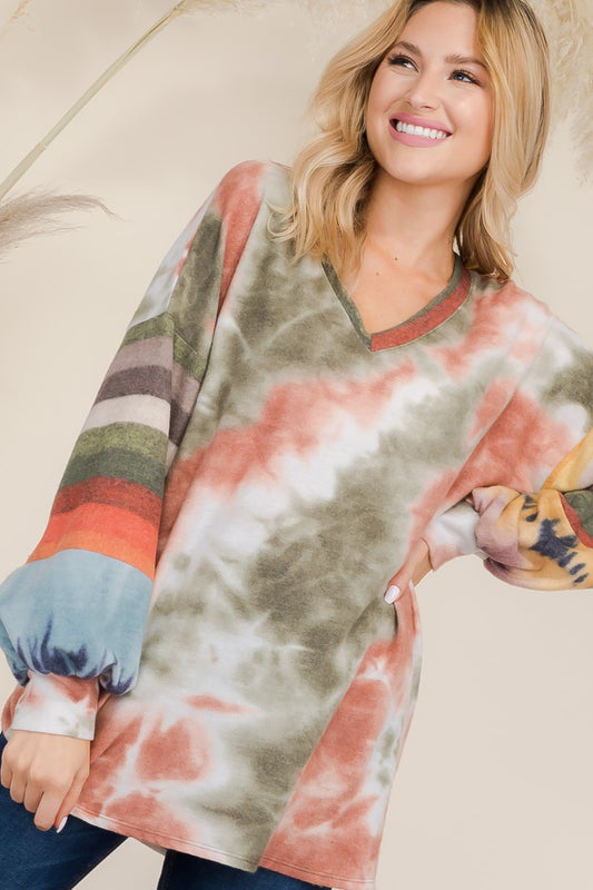 Tie-Dye and Stripes Long Sleeve Blouse