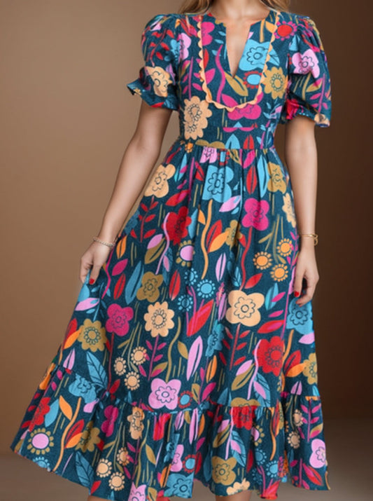 Fun Floral Print:  Puff Sleeve Midi Dress