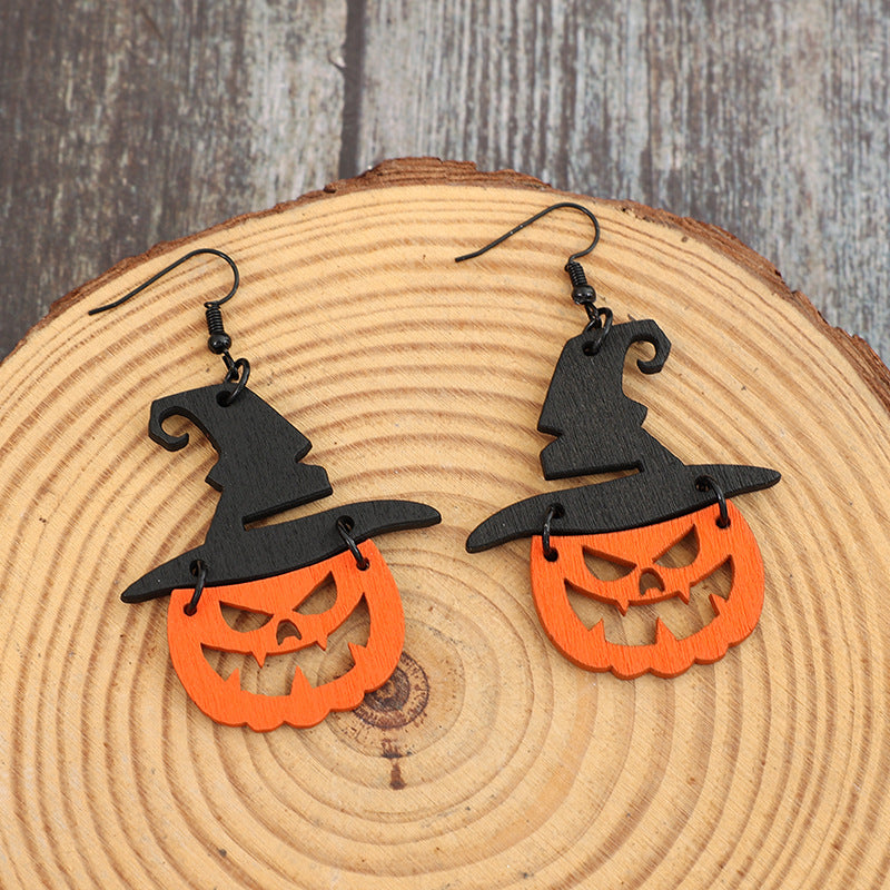 Wooden Pumpkin Earrings With Hat