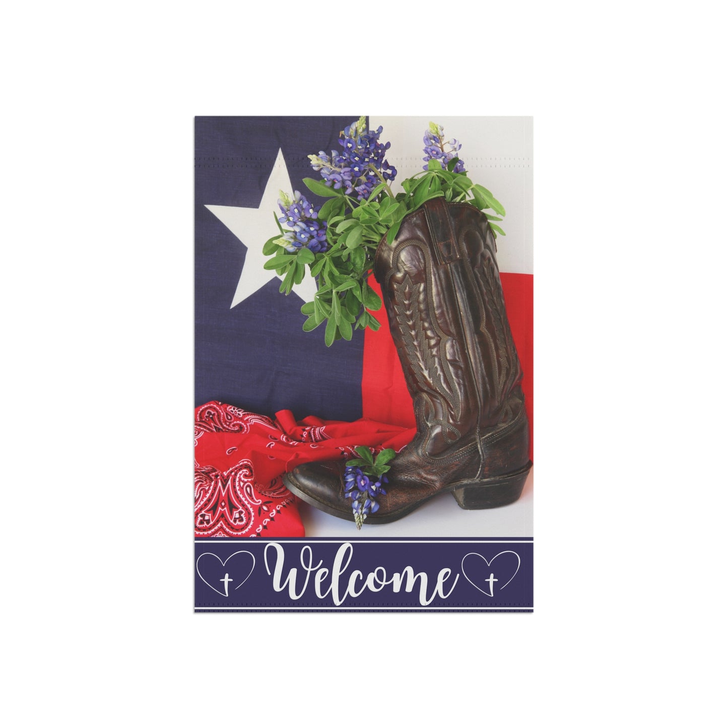 Texas Flag, Bluebonnets, Boots and Bandana Welcome Garden Flag