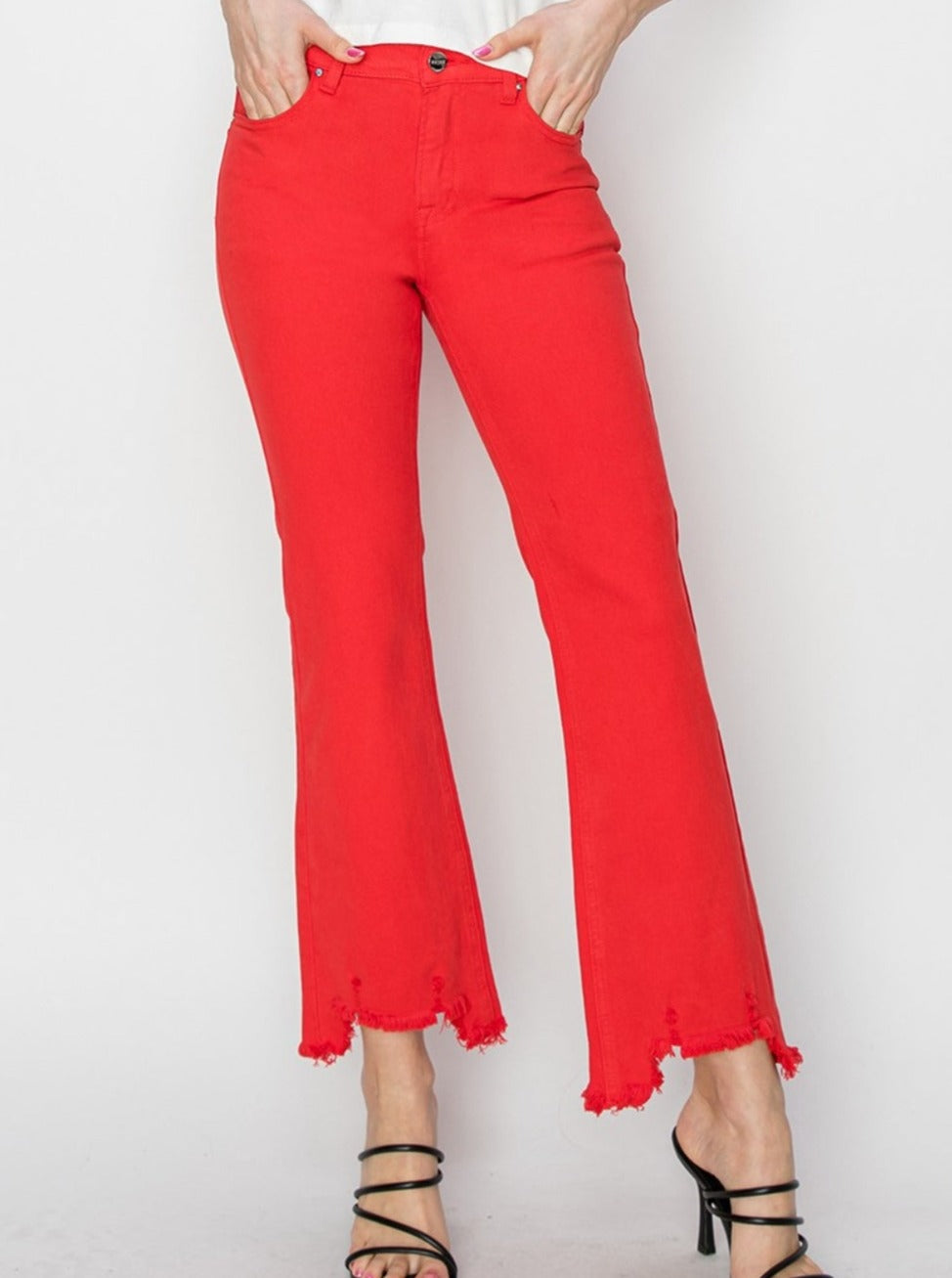 RISEN Red:  Bootcut Jeans with Pockets and Raw Hem