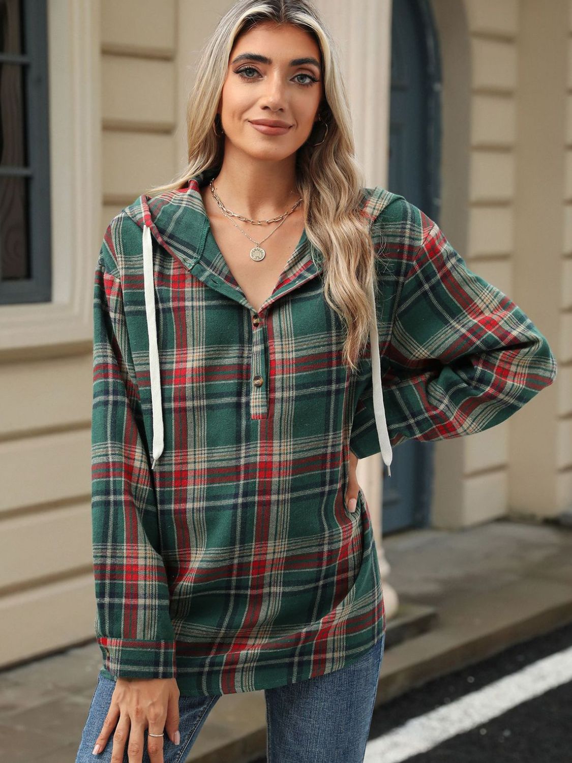 Hooded Plaid Top With Drawstring