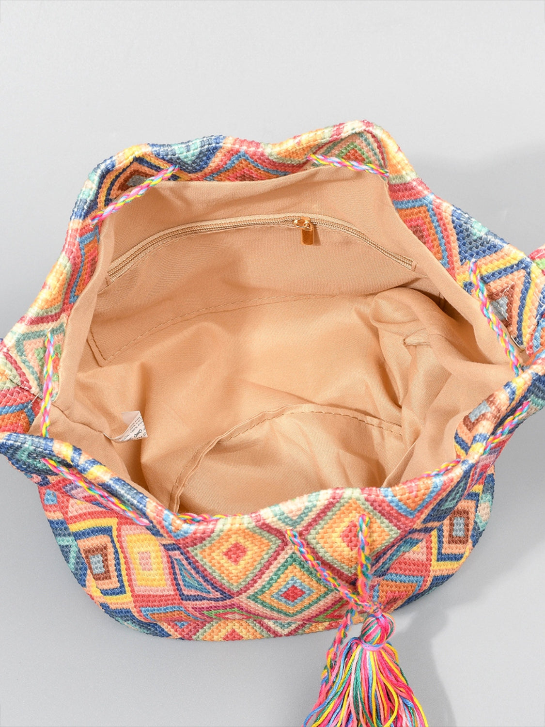 Geometric Shoulder Bag:  Drawstring Bag With Tassel