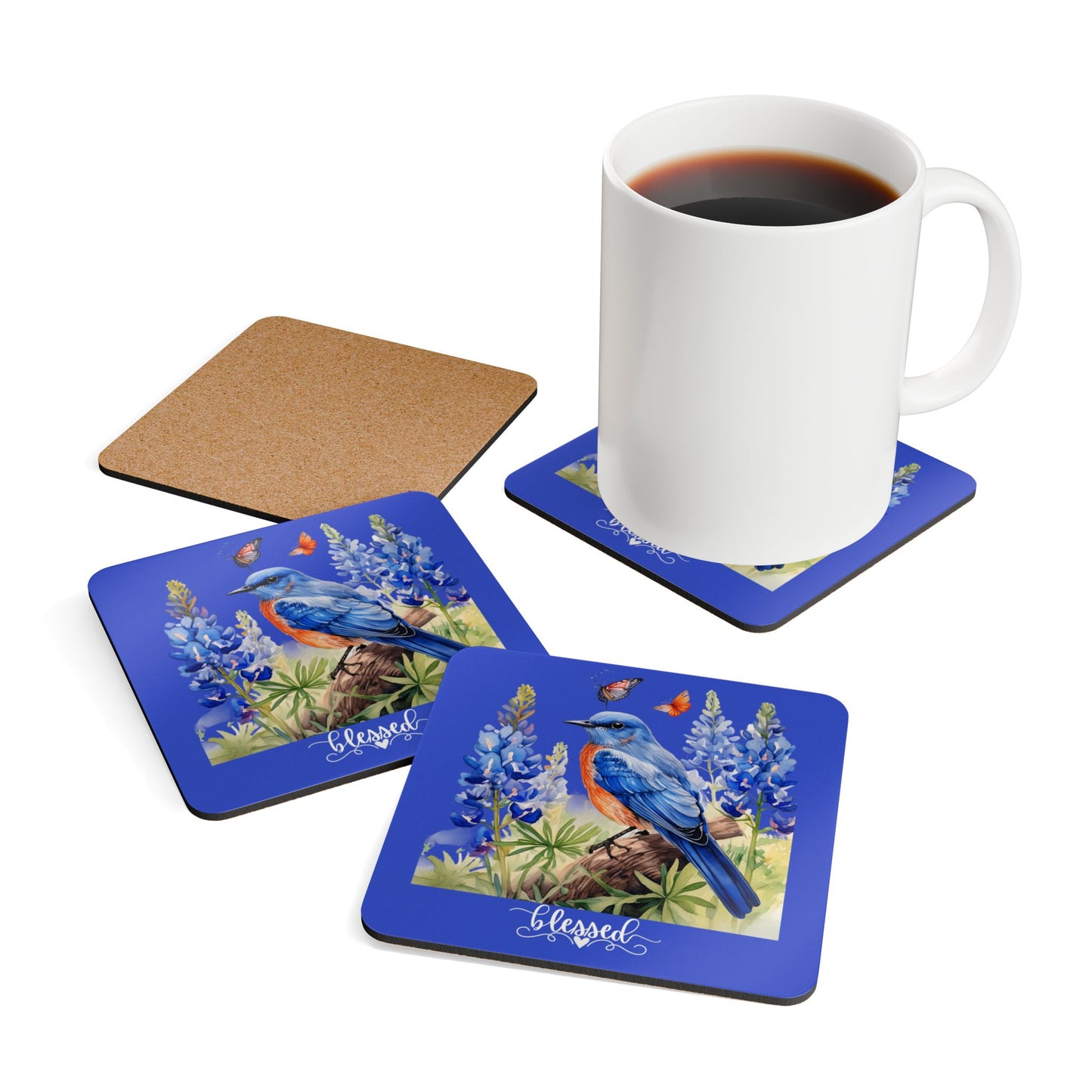 Colorful Bluebird and Texas Bluebonnets Corkwood Coaster Set of 4