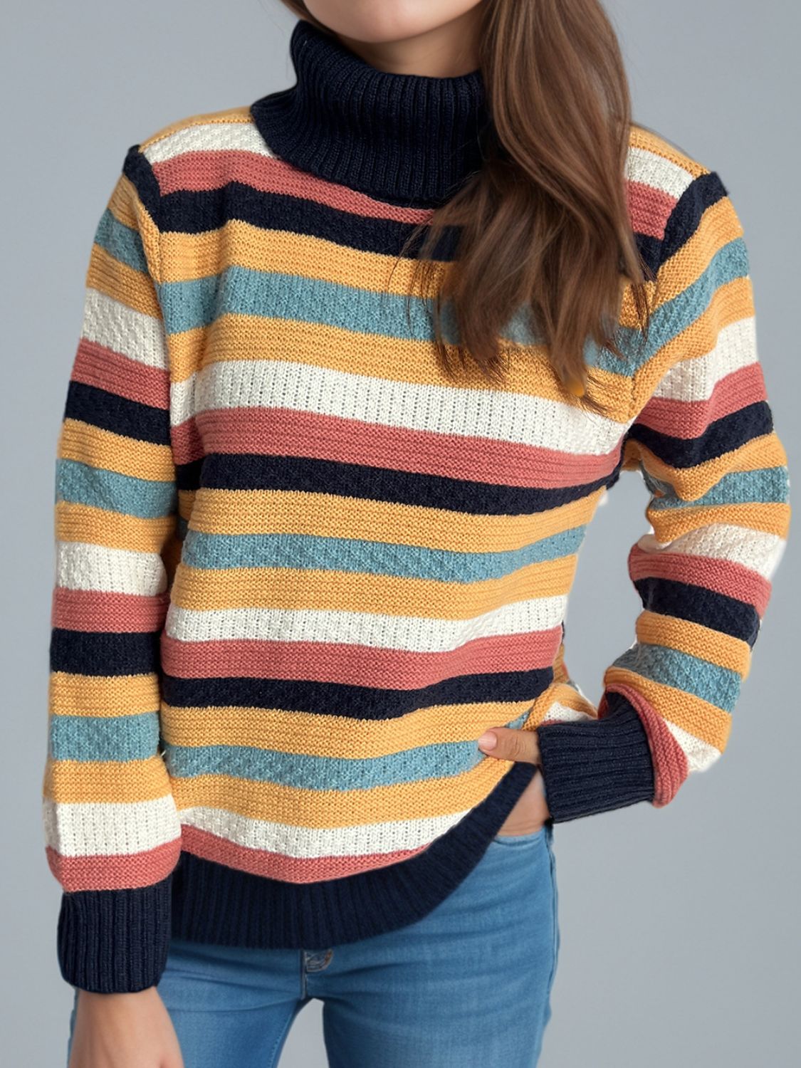 Cute Striped Turtleneck Long Sleeve Sweater