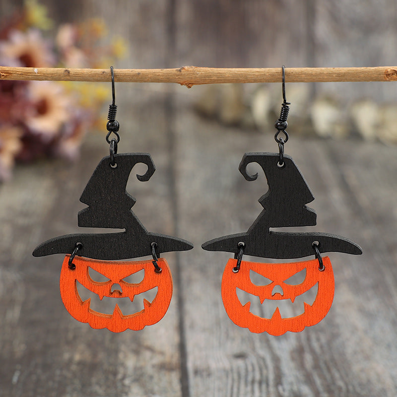 Wooden Pumpkin Earrings With Hat