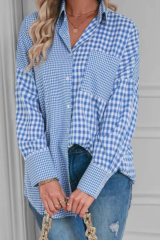 Blue and White Plaid Long Sleeve Shirt