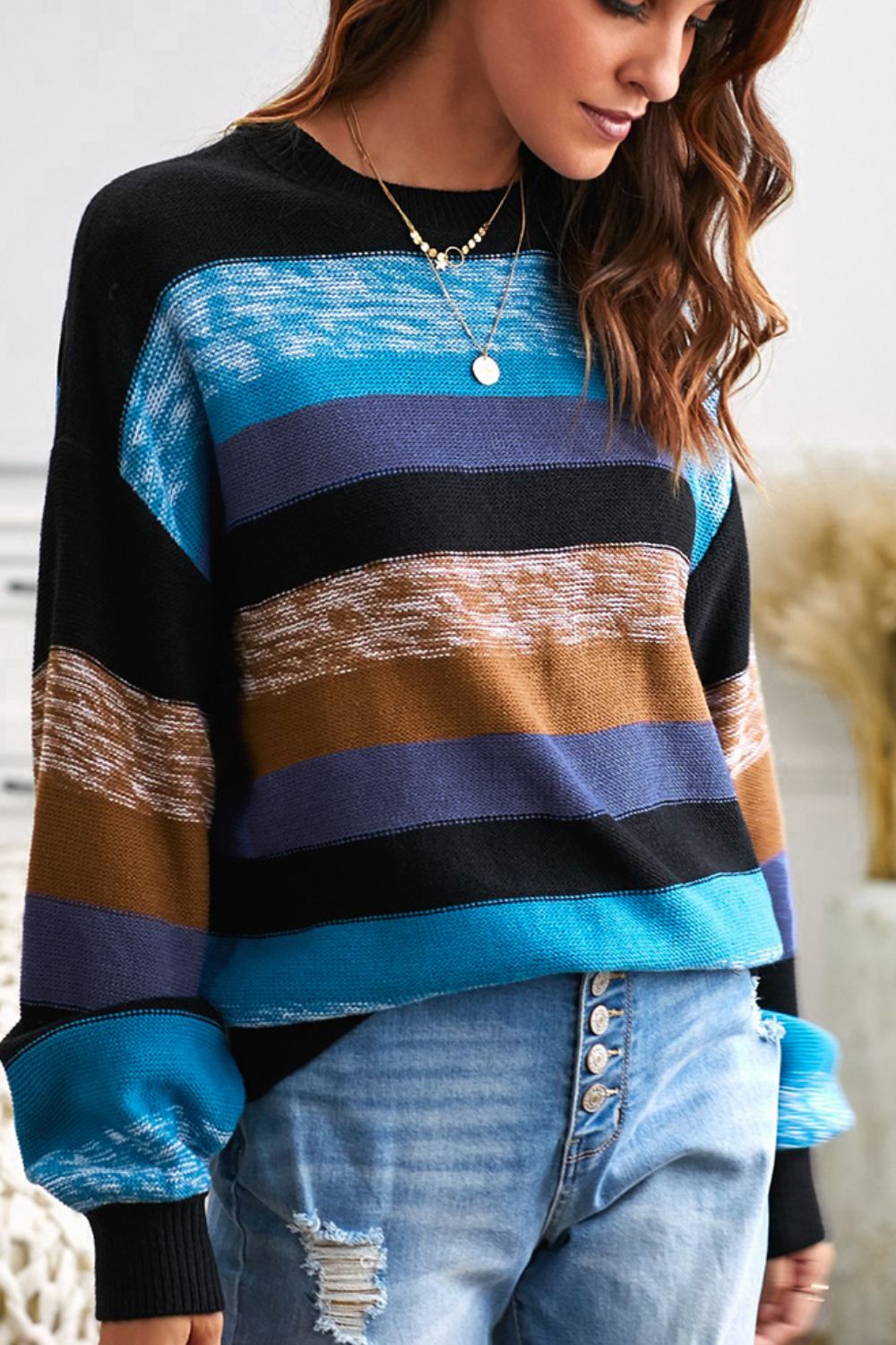 Multi-Color Striped Drop Shoulder Sweater