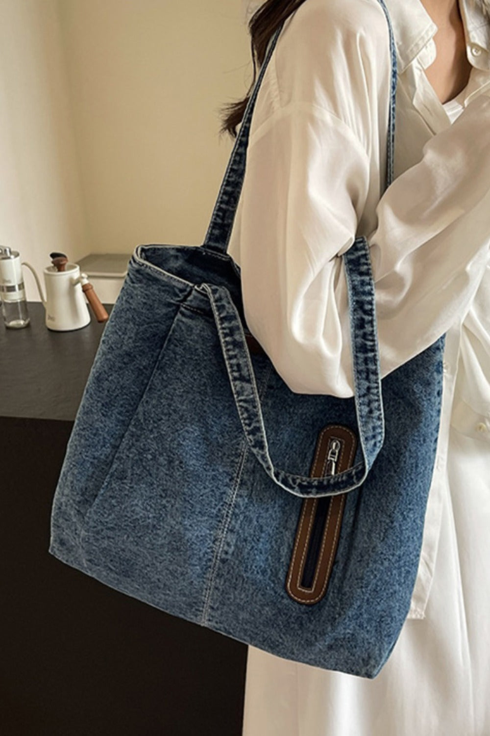 Shoulder Bag:  Denim Tote Bag with Zip