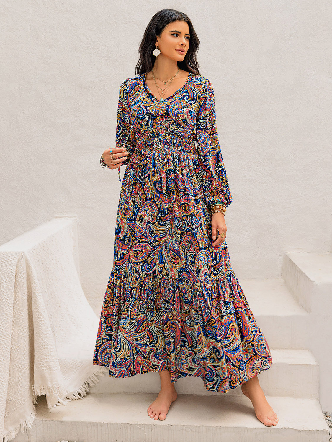 Paisley Printed Long Sleeve Midi Dress