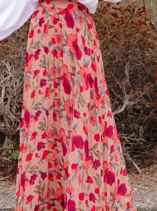 Printed Elastic Waist Pleated Maxi Skirt