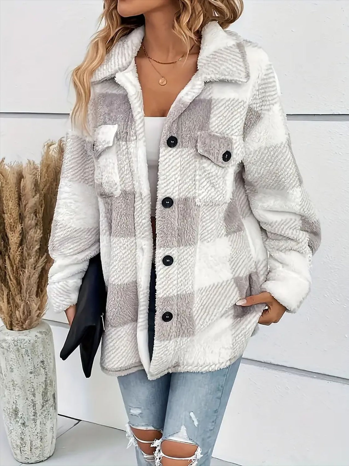 Plaid Dropped Shoulder Plush Coat