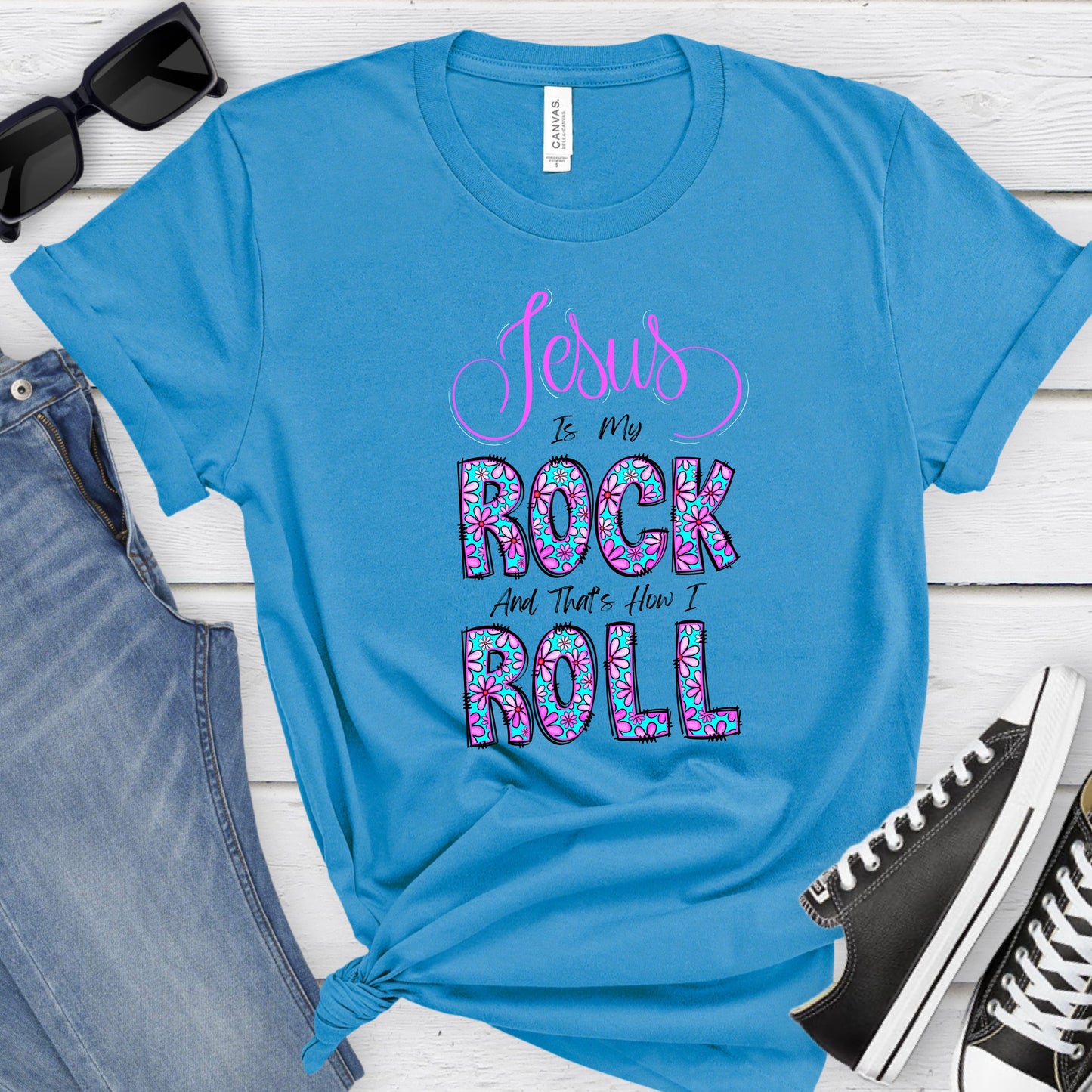 Jesus Is My Rock and Thats How I Roll Short Sleeve Tee, Inspirational T-Shirt, Jesus T-Shirt, Christian T-Shirt, Religious T-Shirt